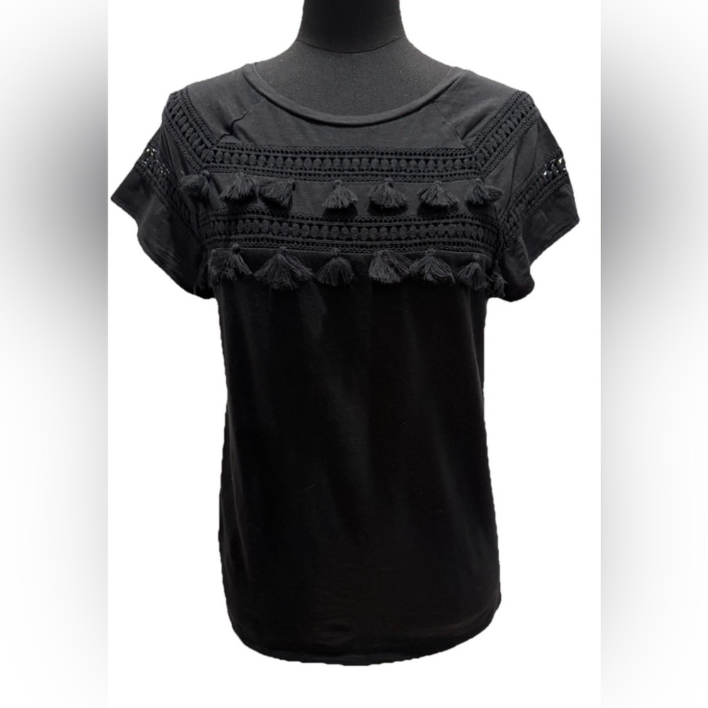 Loft Women's 100% Cotton Short Sleeve Black Eyelet Tasseled Top, Size Small